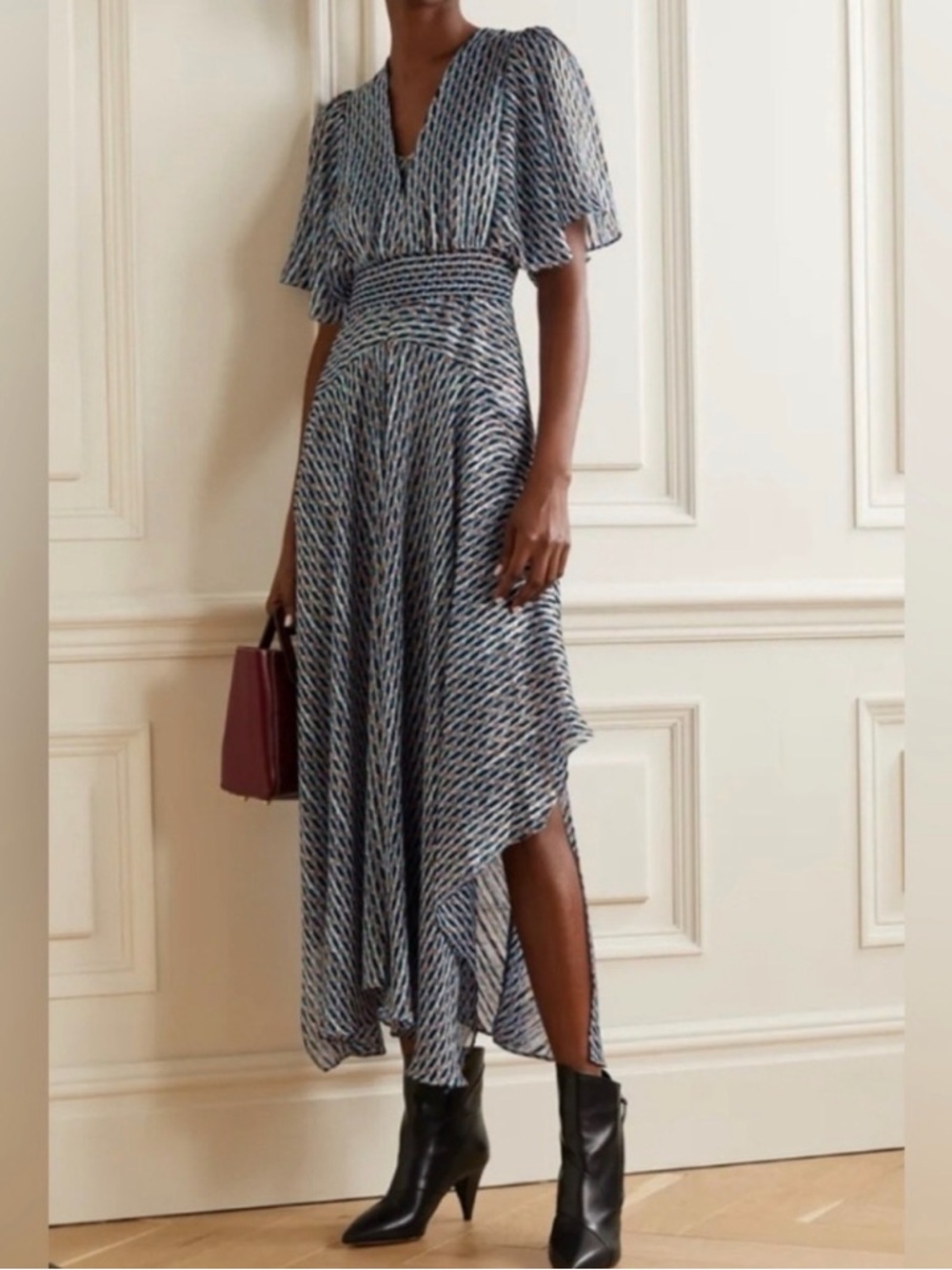 MAJE Printed Asymmetrical Midi Dress - Blue Black White SIZE 40